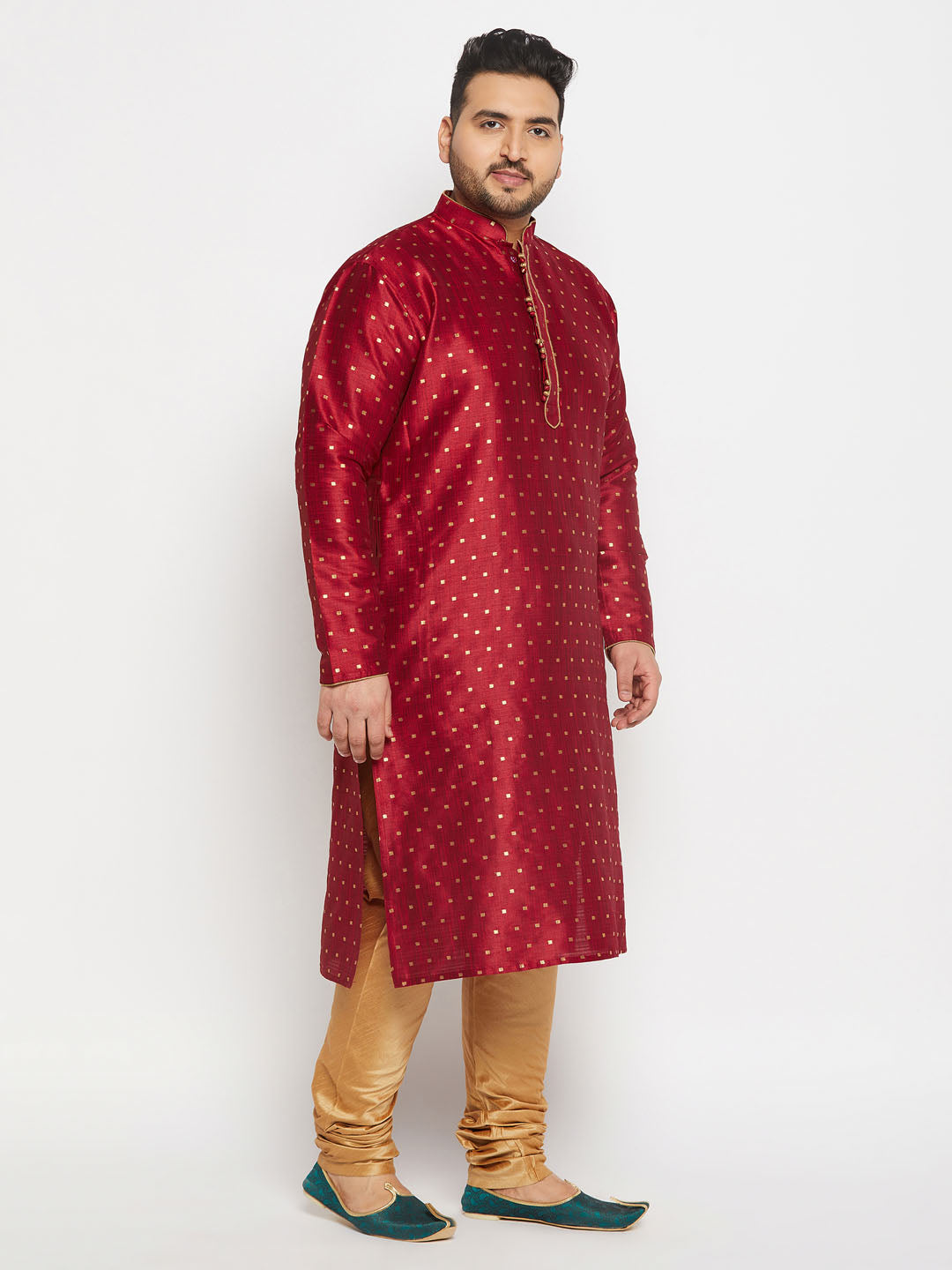 Men's Plus Size Maroon Zari Weaved Kurta Pyjama Set