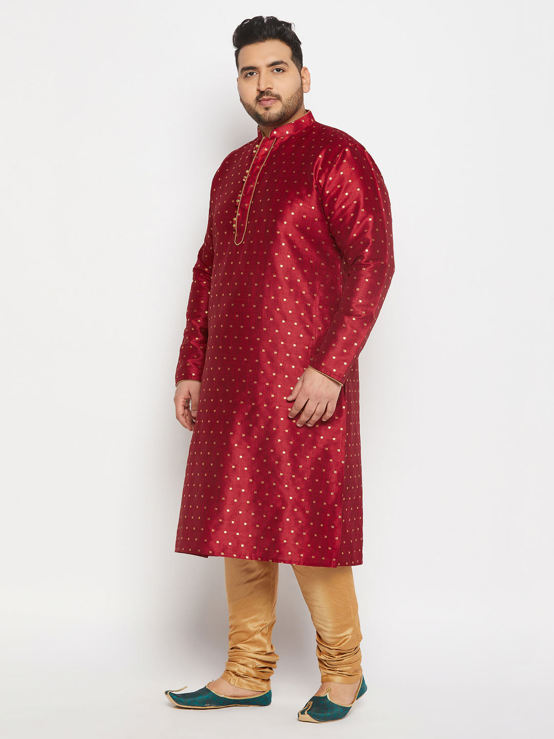 Men's Plus Size Maroon Zari Weaved Kurta Pyjama Set