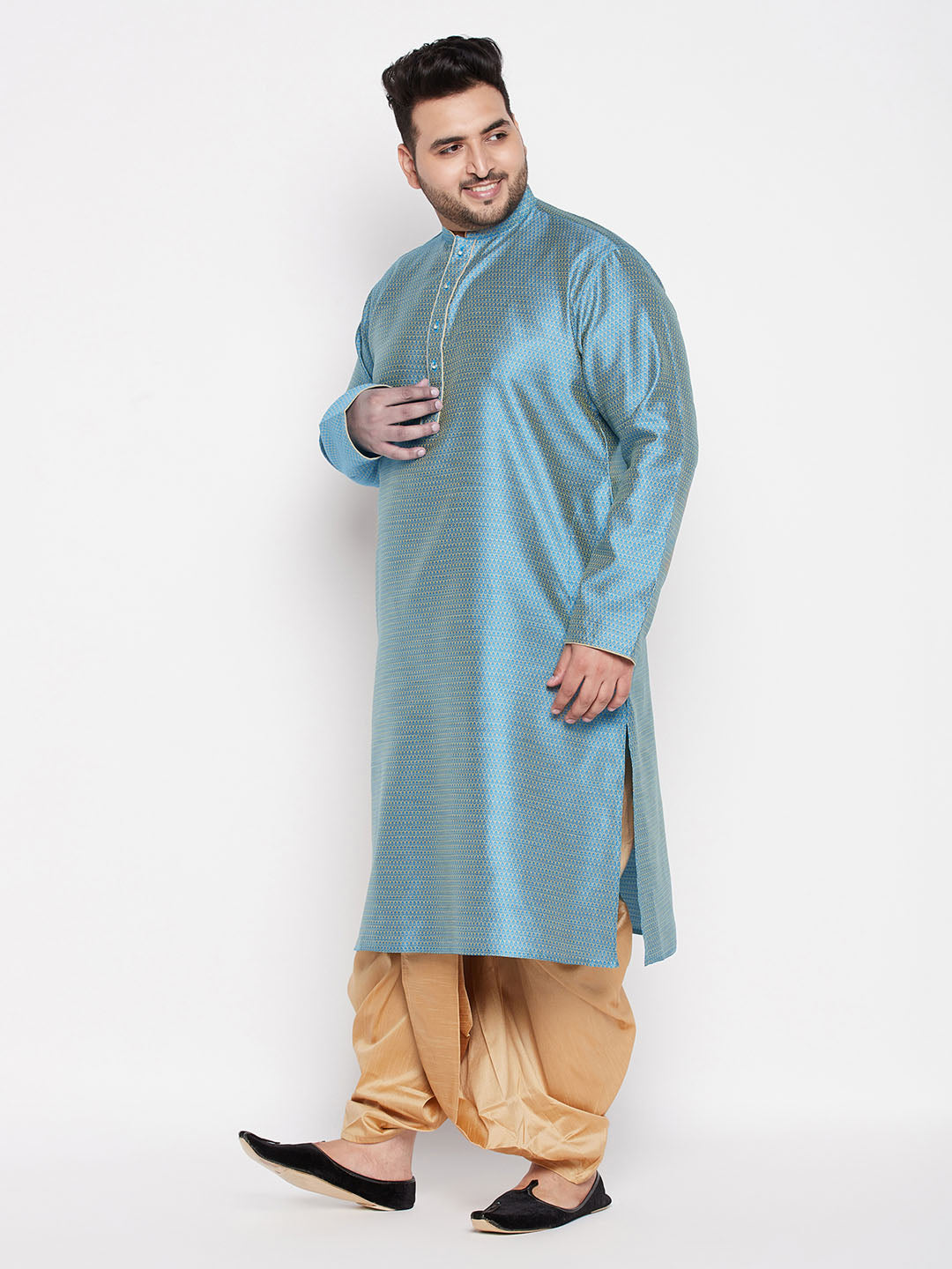 Men's Plus Size Aqua Blue Woven Kurta And Rose Gold Dhoti Set