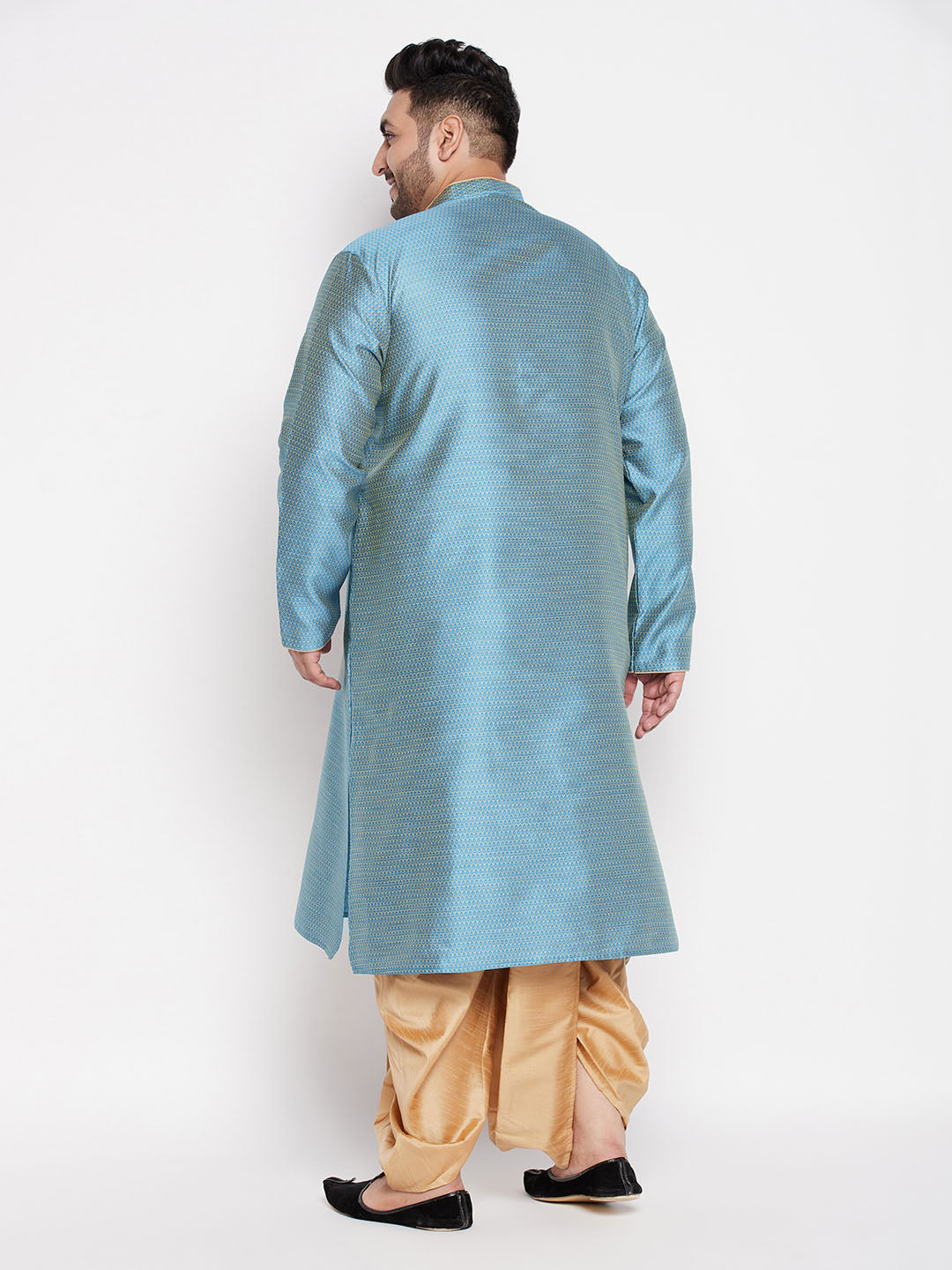 Men's Plus Size Aqua Blue Woven Kurta And Rose Gold Dhoti Set