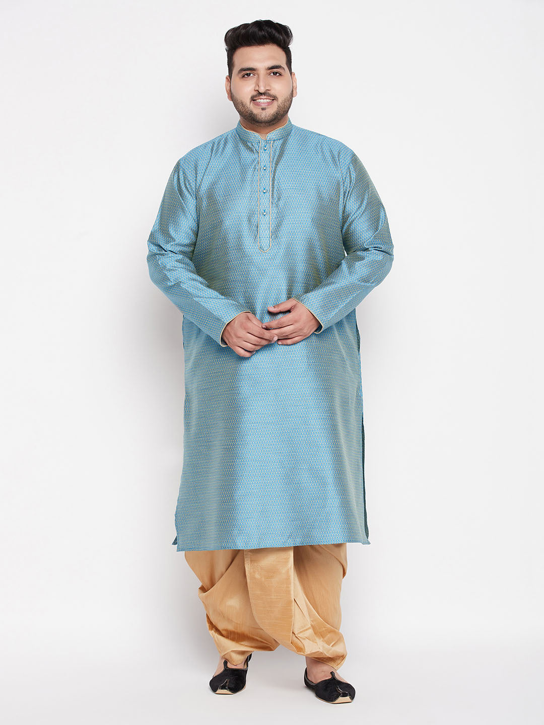 Men's Plus Size Aqua Blue Woven Kurta And Rose Gold Dhoti Set