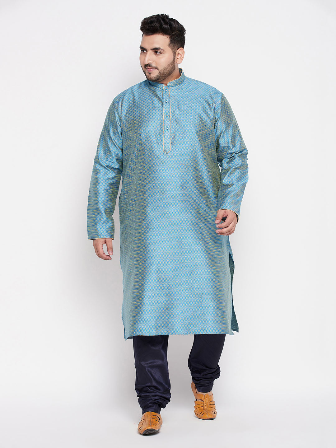Men's Plus Size Aqua Blue Woven Kurta And Navy Blue Pyjama Set