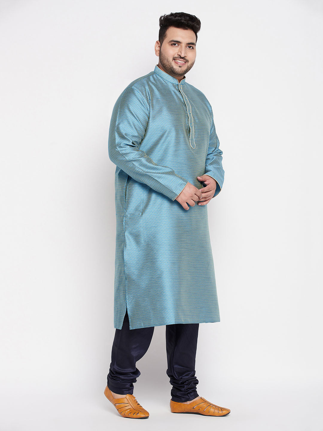 Men's Plus Size Aqua Blue Woven Kurta And Navy Blue Pyjama Set