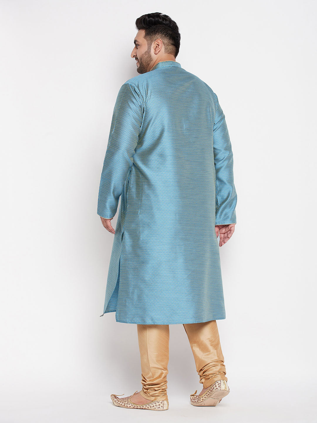 Men's Plus Size Aqua Blue Woven Kurta And Rose Gold Pyjama Set