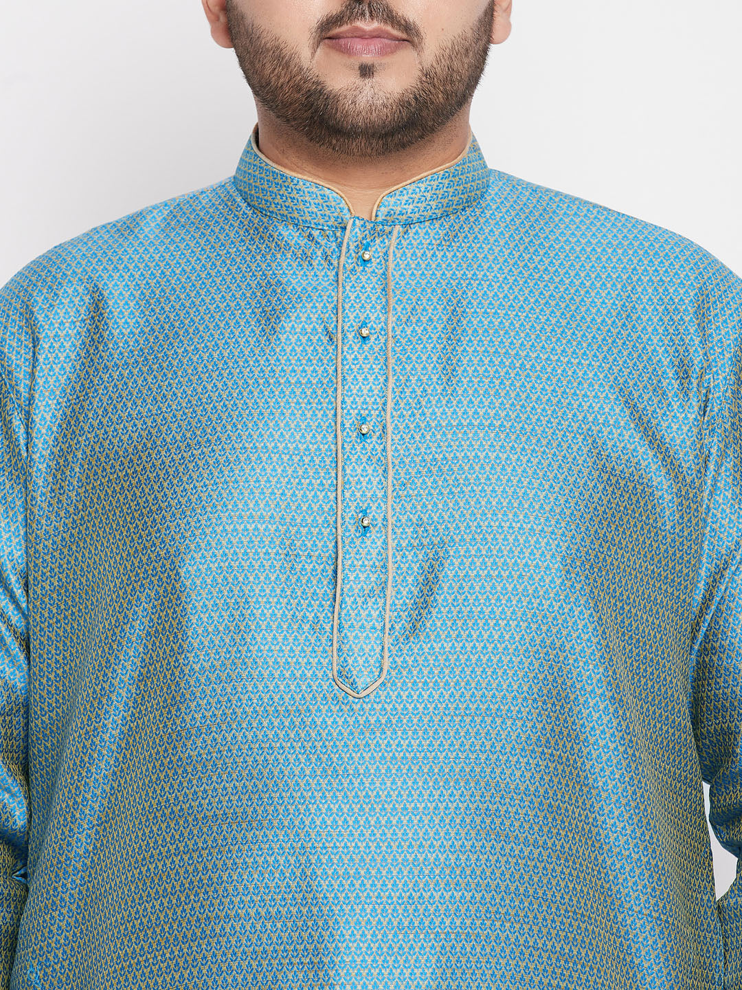 Men's Plus Size Aqua Blue Woven Kurta And Rose Gold Pyjama Set