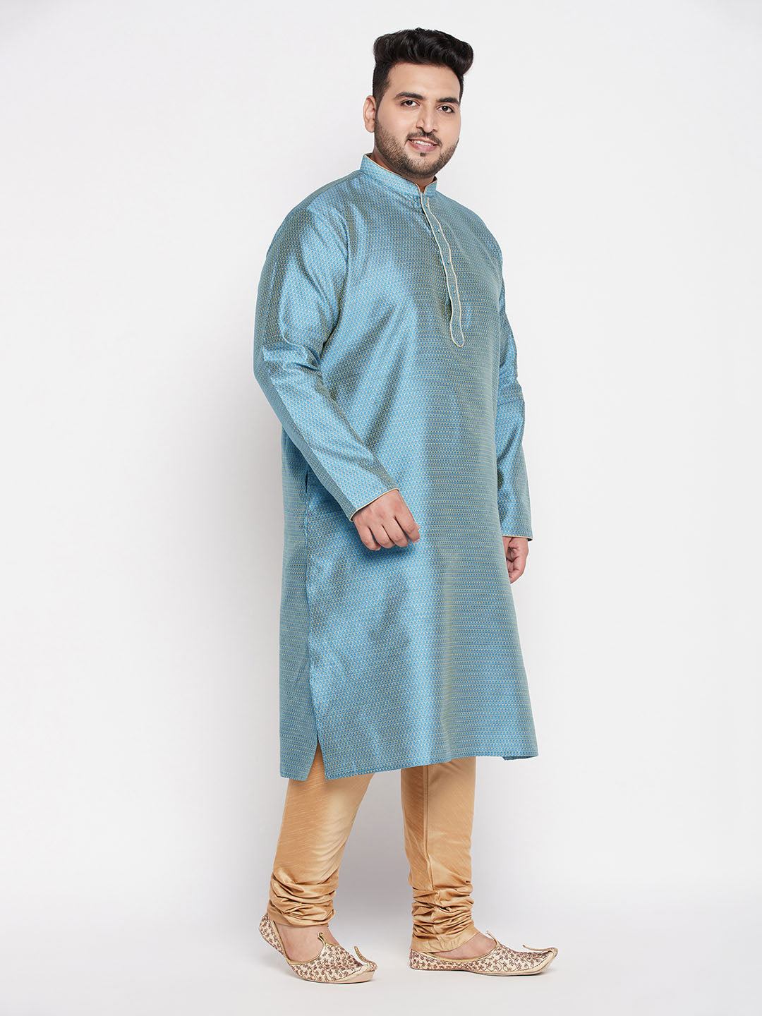 Men's Plus Size Aqua Blue Woven Kurta And Rose Gold Pyjama Set