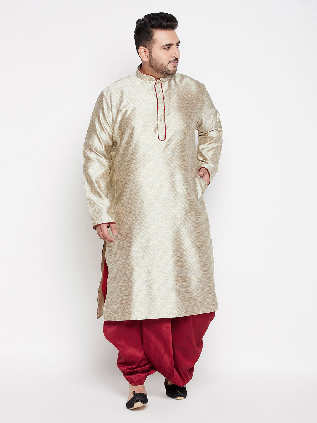 Men's Plus Size Beige Woven Kurta And Maroon Dhoti Set