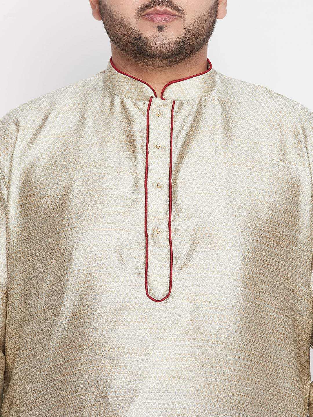 Men's Plus Size Beige Woven Kurta And Maroon Pyjama Set