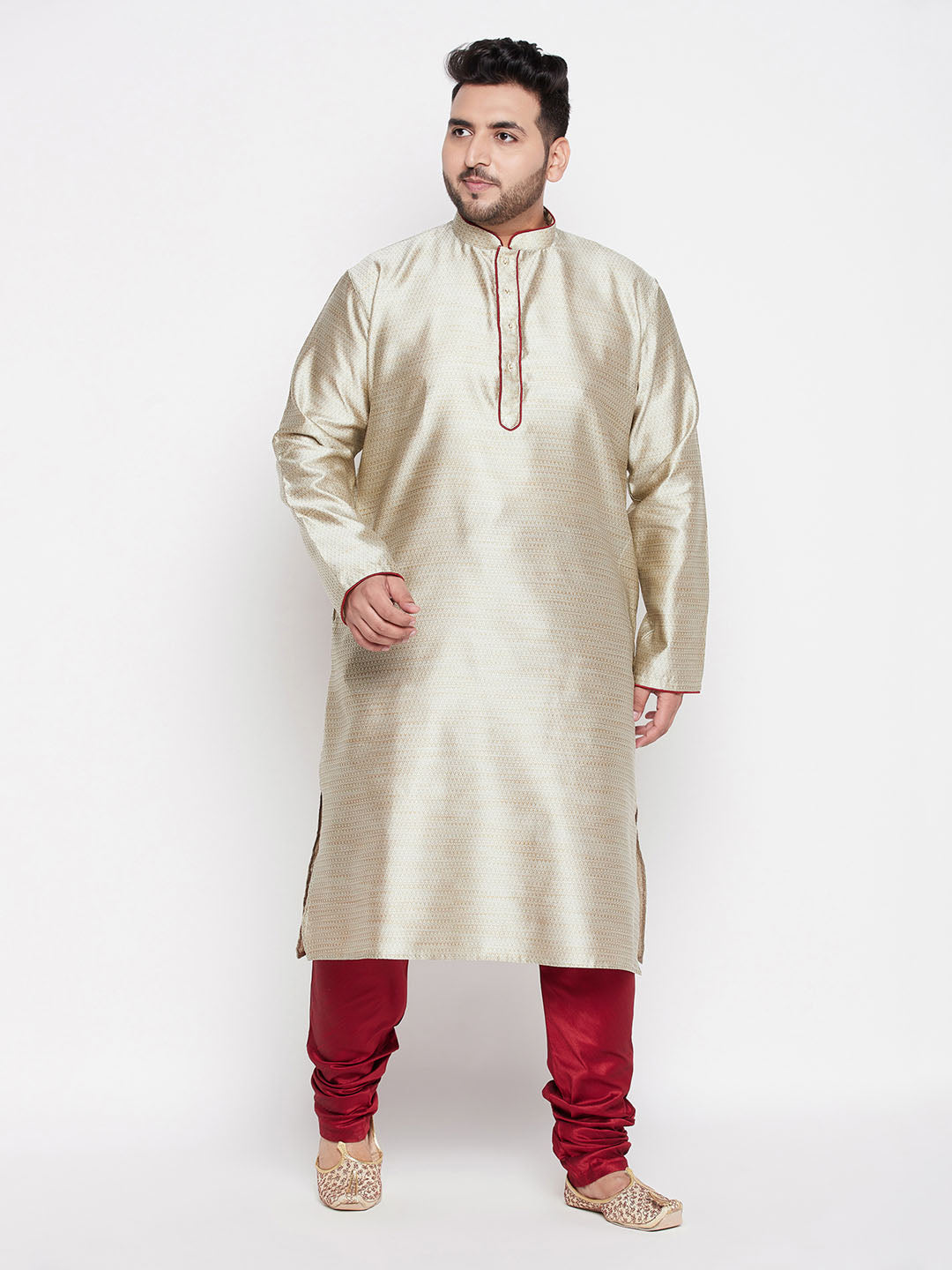 Men's Plus Size Beige Woven Kurta And Maroon Pyjama Set
