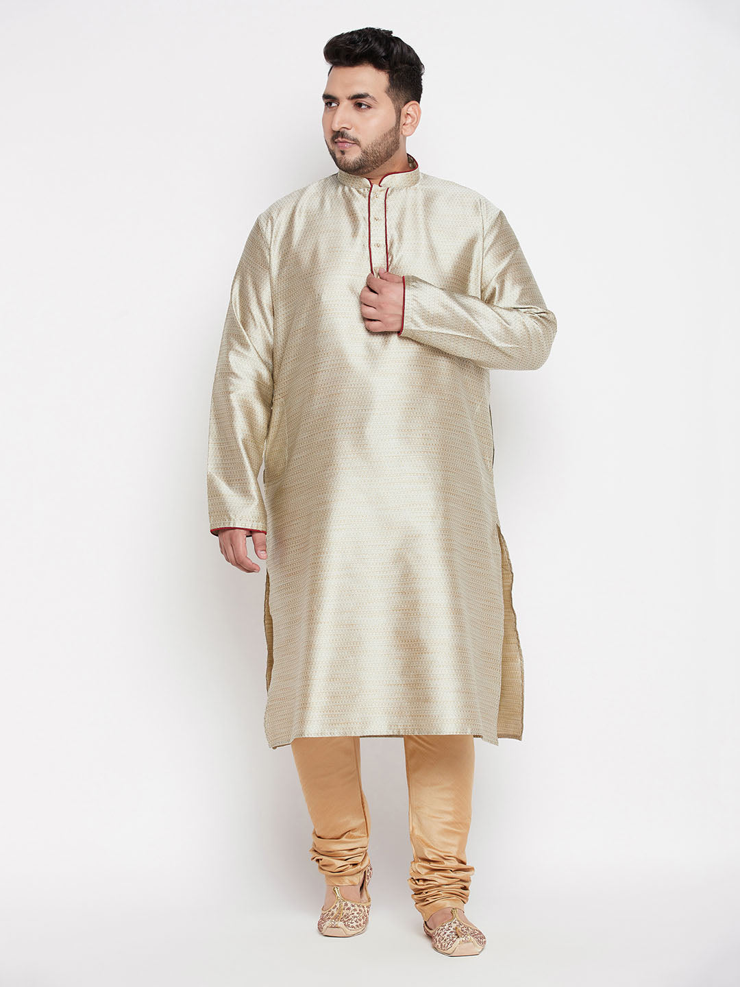 Men's Plus Size Beige Woven Kurta And Rose Gold Pyjama Set