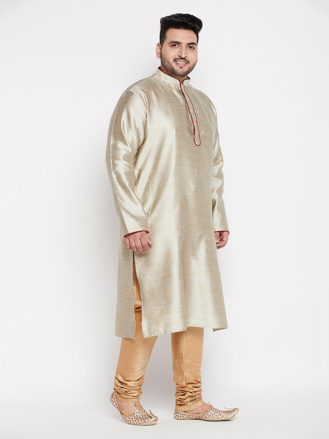 Men's Plus Size Beige Woven Kurta And Rose Gold Pyjama Set