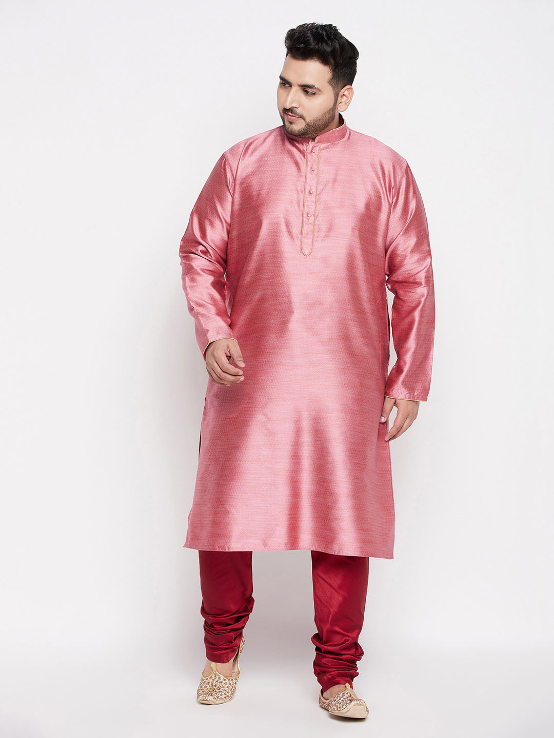 Men's Plus Size Pink Woven Kurta And Maroon Pyjama Set
