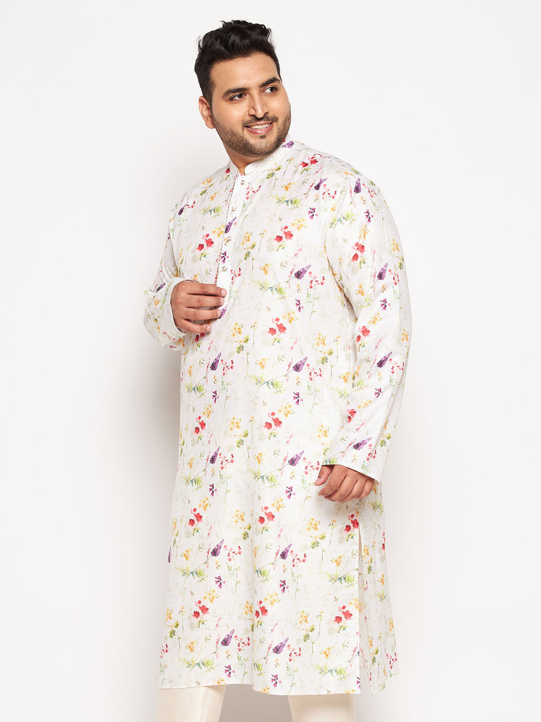Men's Plus Size Cream Cotton Blend Printed Kurta