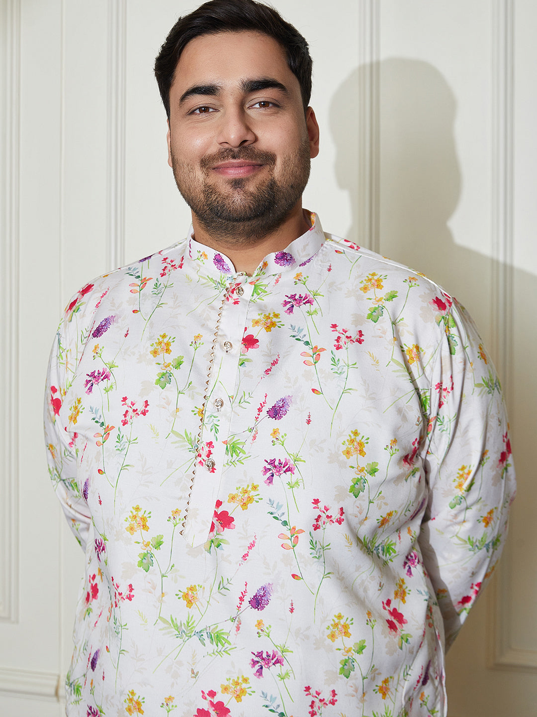 Plus Men's Cream Cotton Blend Kurta And Pyjama Set