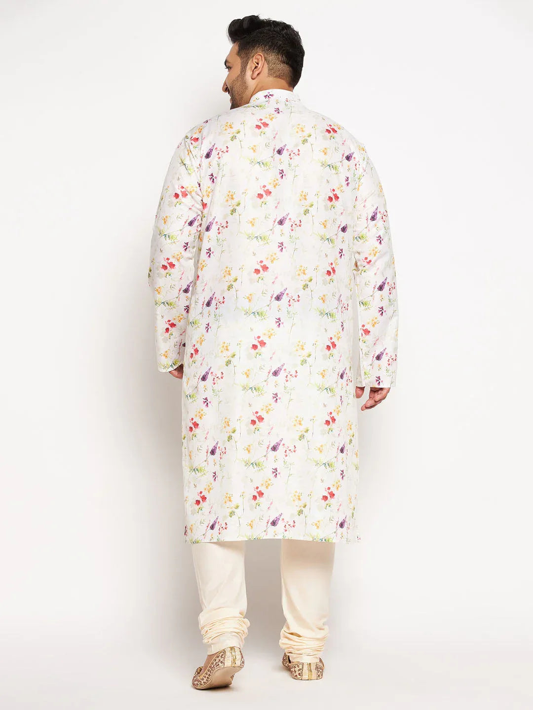 Men's Plus Size Cream Cotton Blend Printed Kurta And Solid Pyjama Set