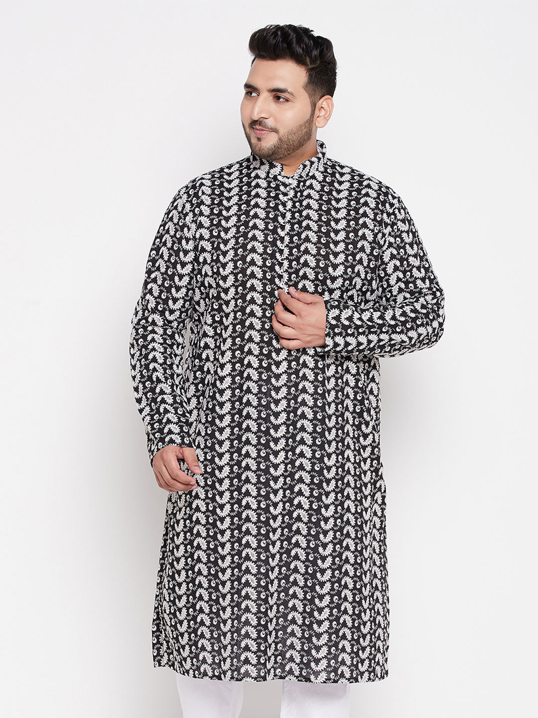 Men's Plus Size Black Chikankari Embroidered Kurta