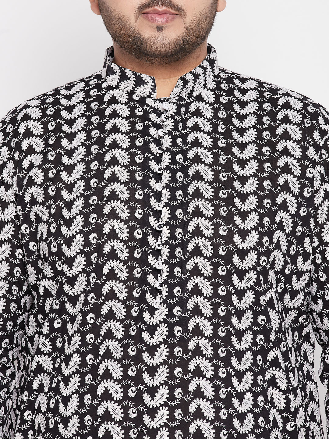 Men's Plus Size Black Chikankari Embroidered Kurta And White Dhoti Set