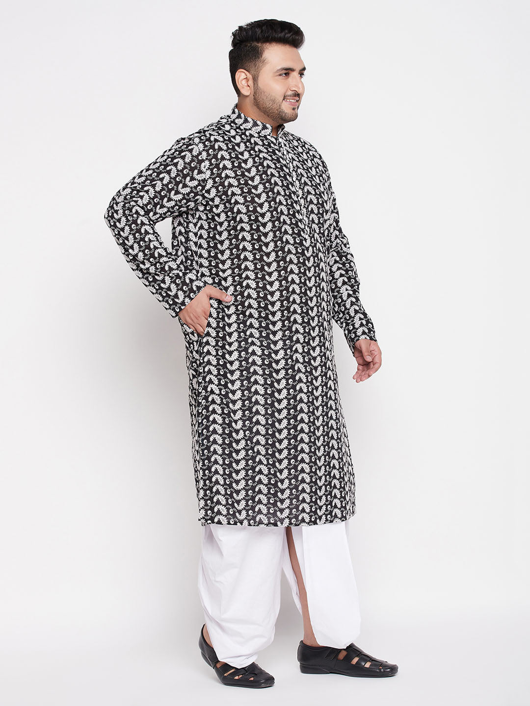 Men's Plus Size Black Chikankari Embroidered Kurta And White Dhoti Set