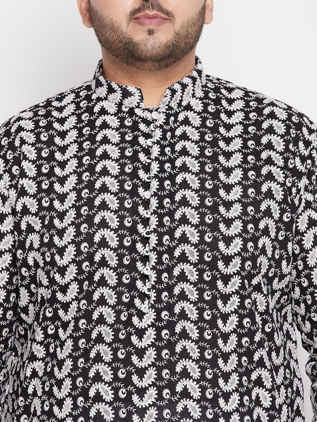 Men's Plus Size Black Chikankari Embroidered Kurta And White Pyjama Set