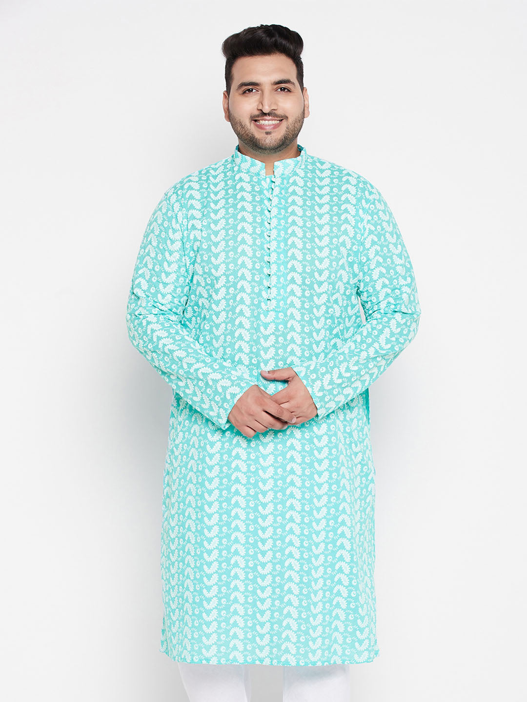 Men's Plus Size Green Chikankari Embroidered Kurta