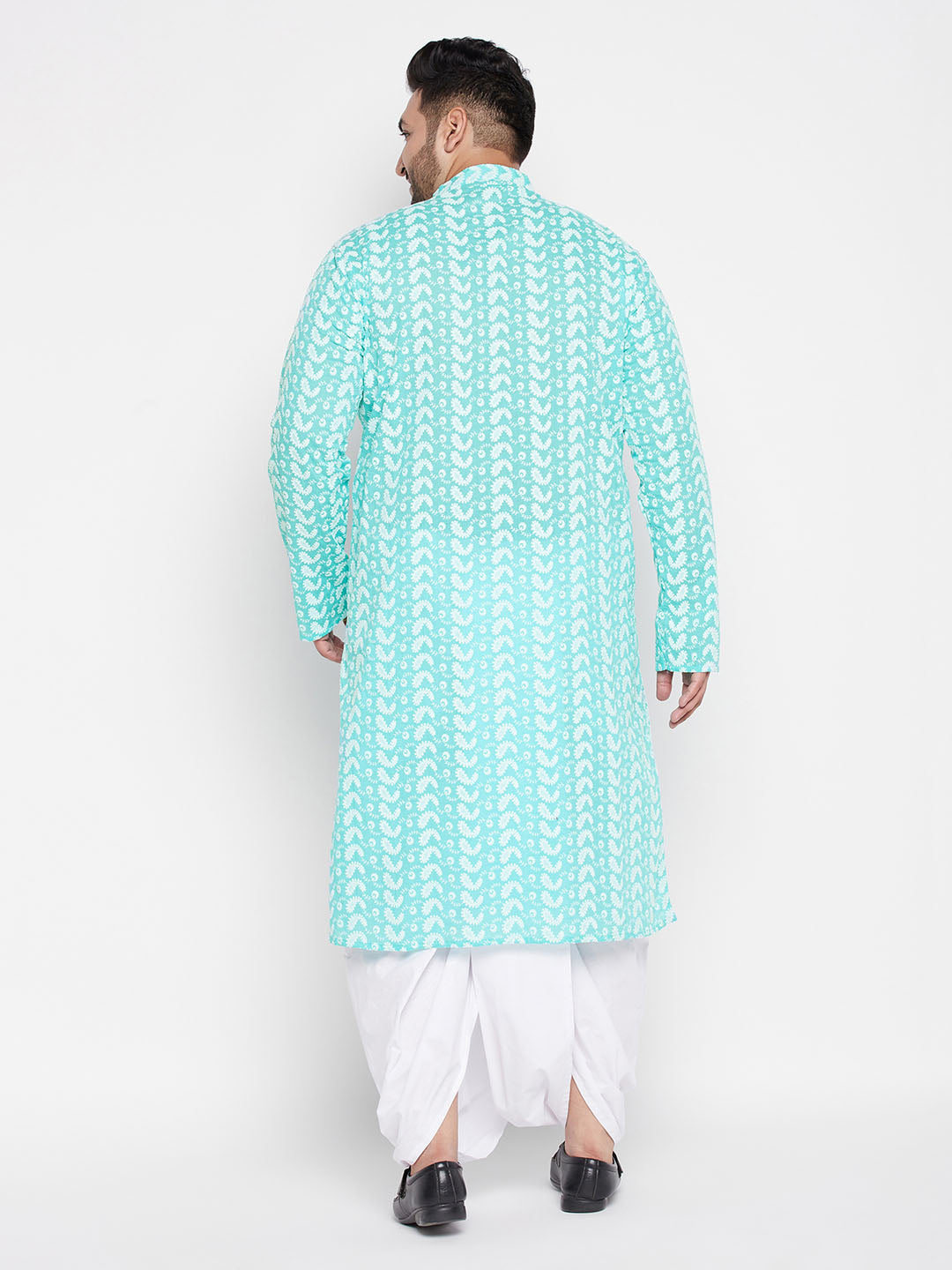 Men's Plus Size Green Chikankari Embroidered Kurta And White Dhoti Set
