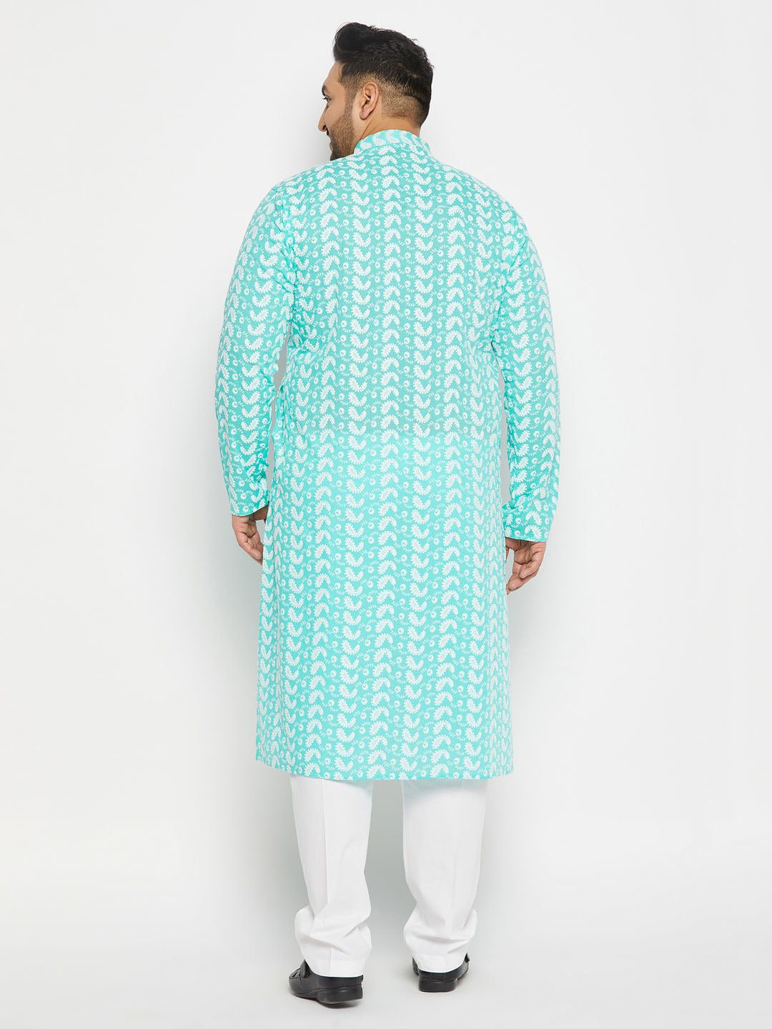Men's Plus Size Green Chikankari Embroidered Kurta And White Cotton Pant Style Pyjama Set