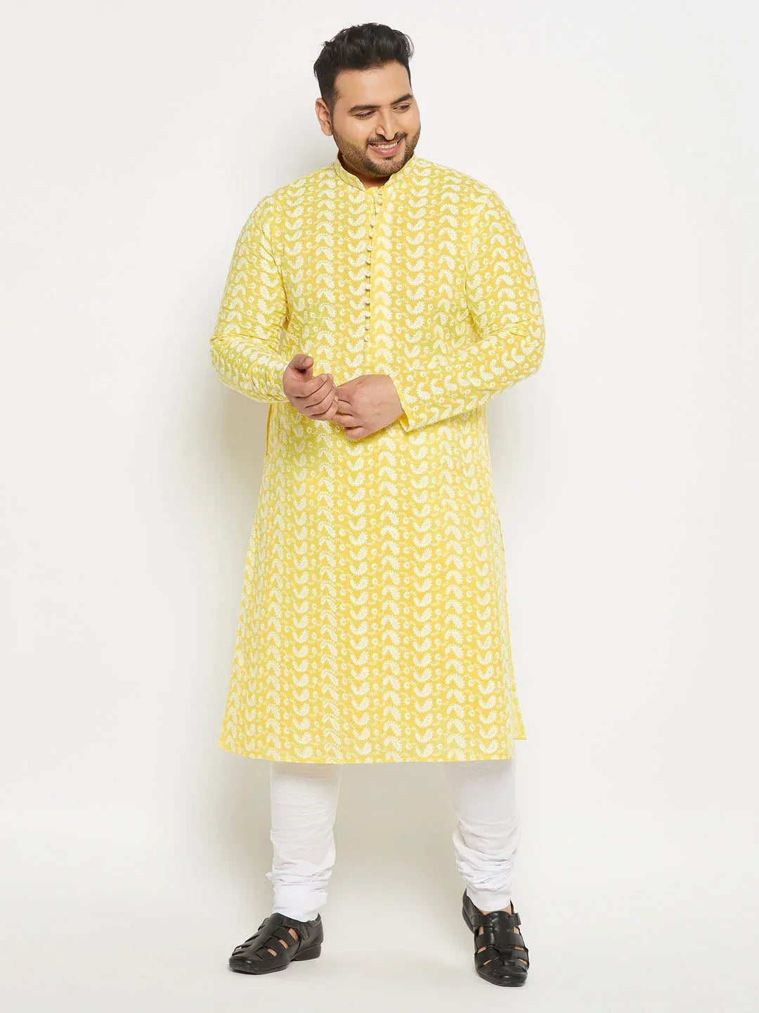 Men's Plus Size Mustard Chikankari Embroidered Kurta