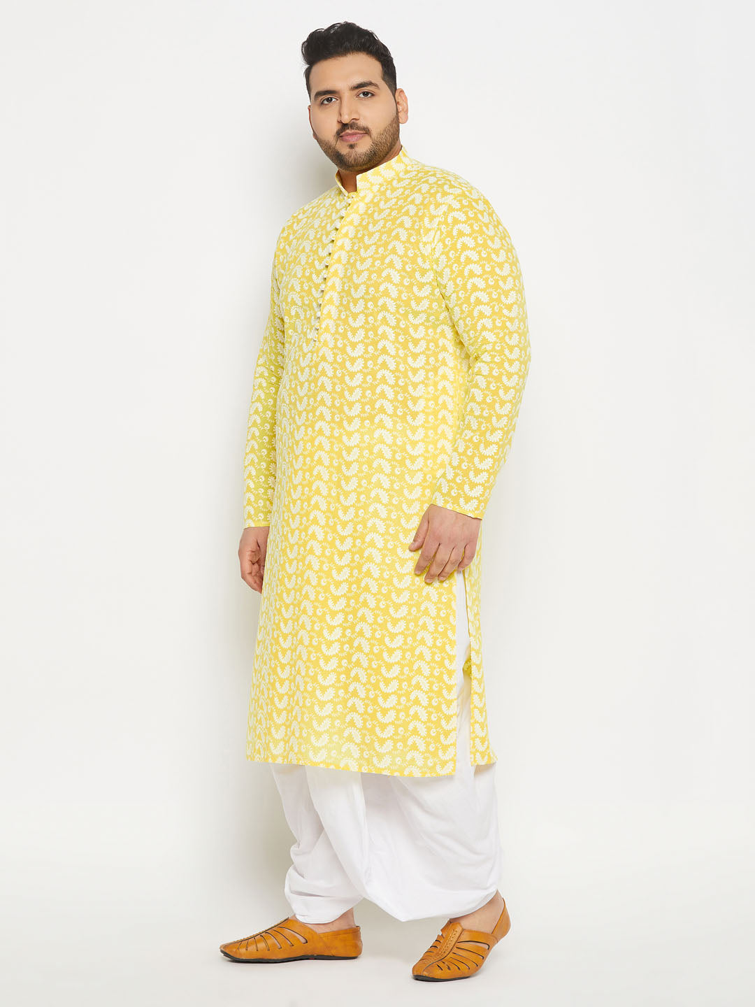 Men's Plus Size Mustard Chikankari Embroidered Kurta And White Dhoti Set