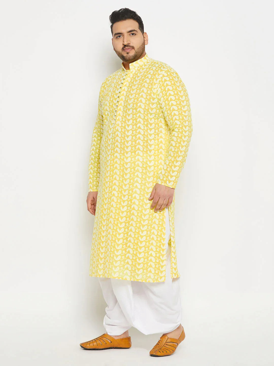 Men's Plus Size Mustard Chikankari Embroidered Kurta And White Dhoti Set