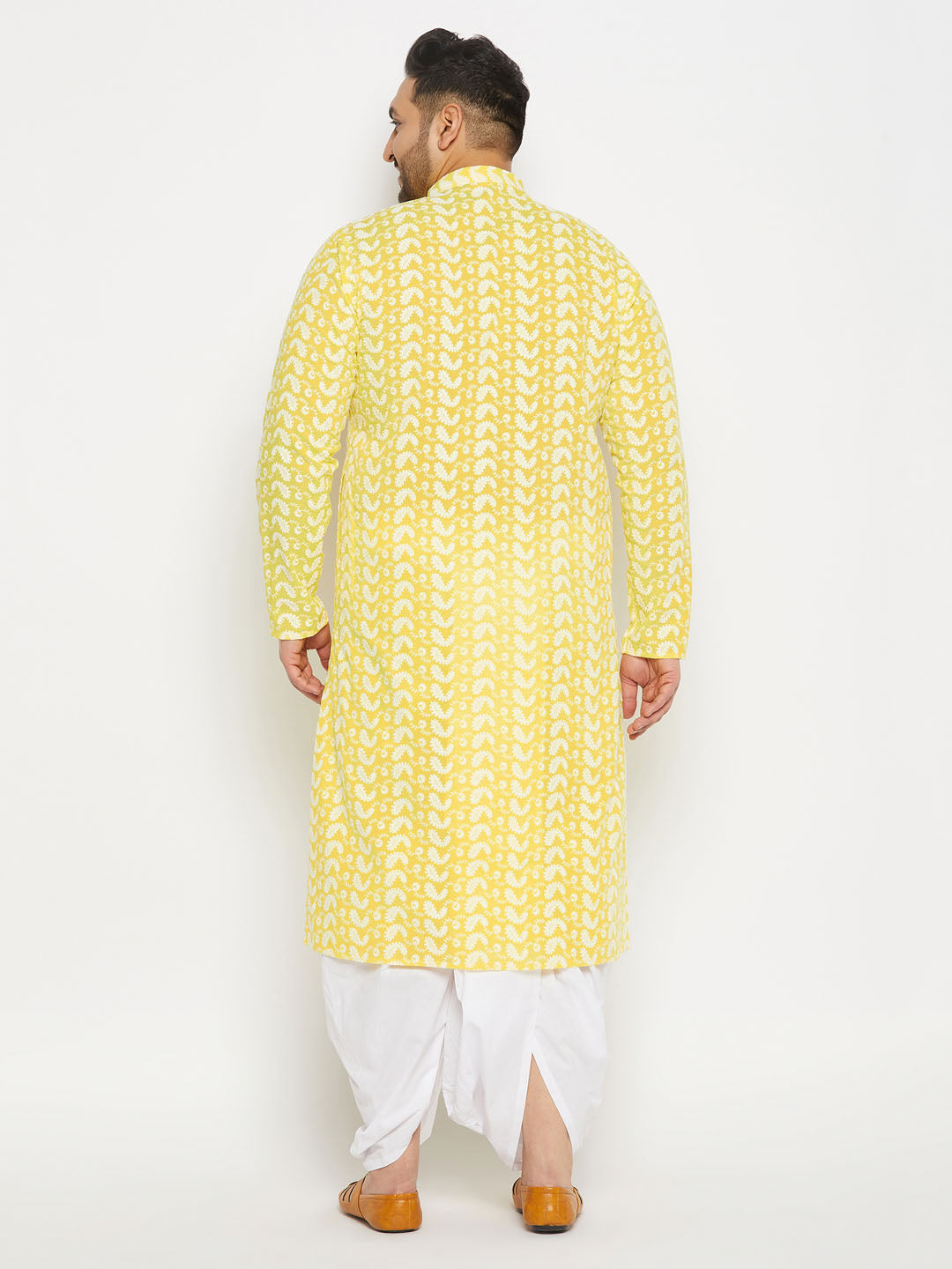 Men's Plus Size Mustard Chikankari Embroidered Kurta And White Dhoti Set