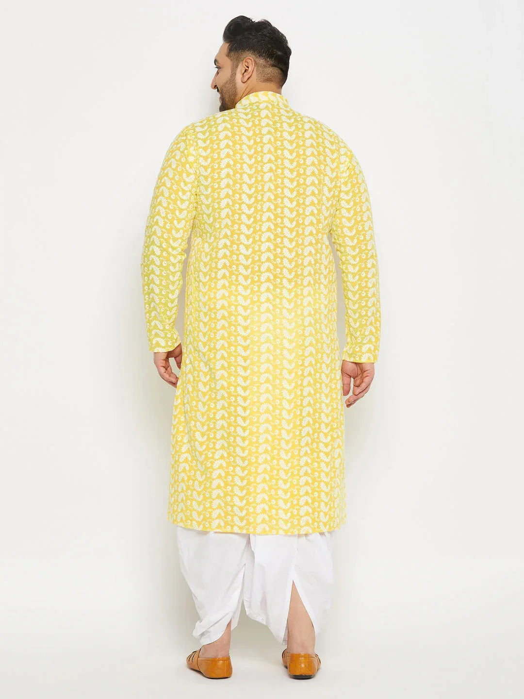 Men's Plus Size Mustard Chikankari Embroidered Kurta And White Dhoti Set