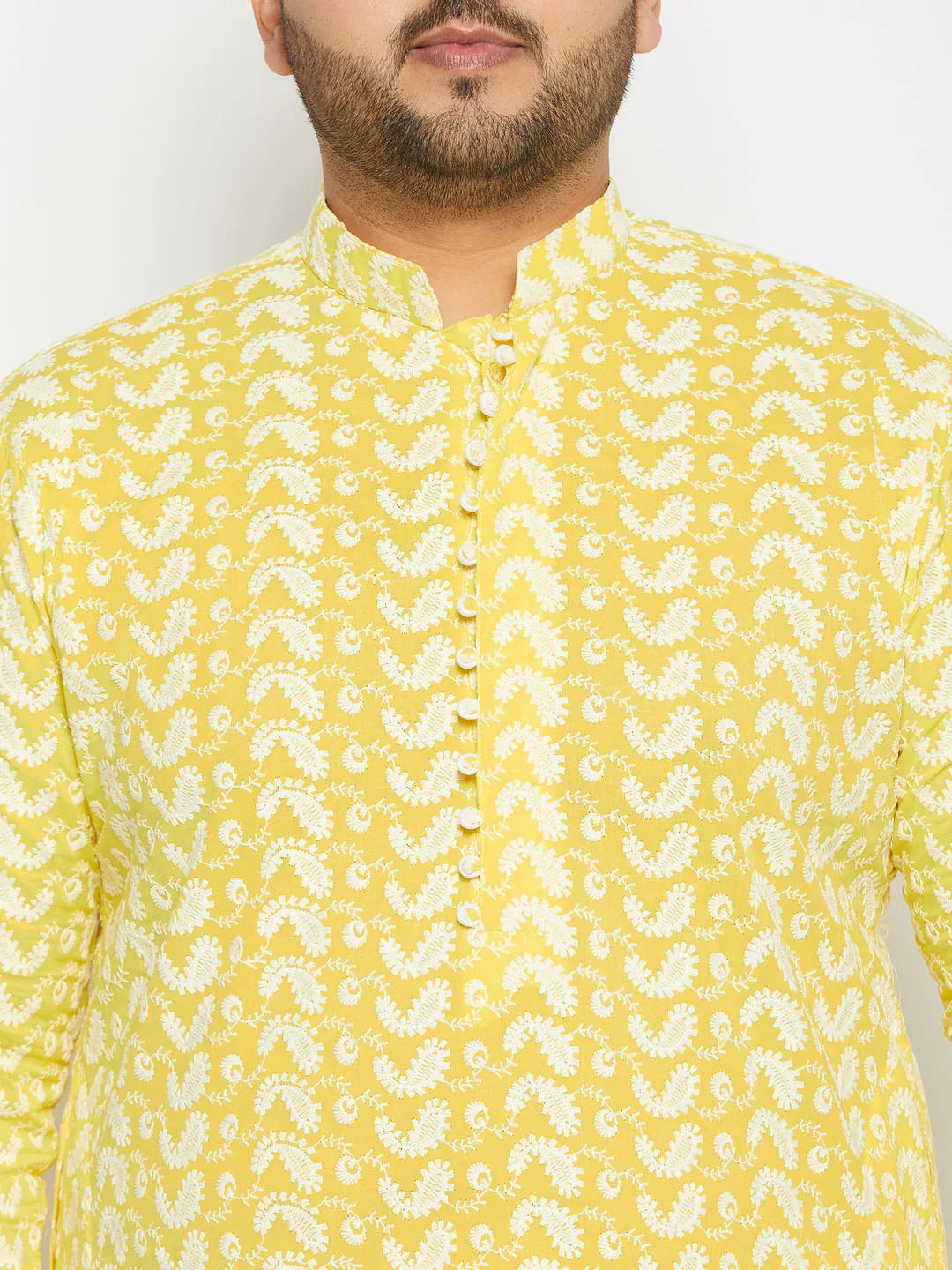 Men's Plus Size Mustard Chikankari Embroidered Kurta And White Dhoti Set