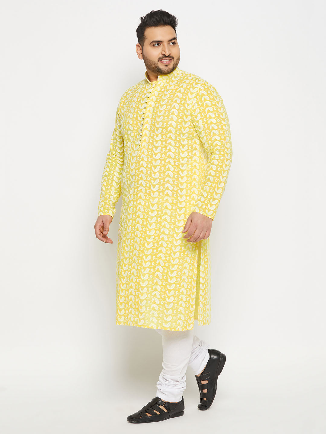 Men's Plus Size Mustard Chikankari Embroidered Kurta And White Pyjama Set