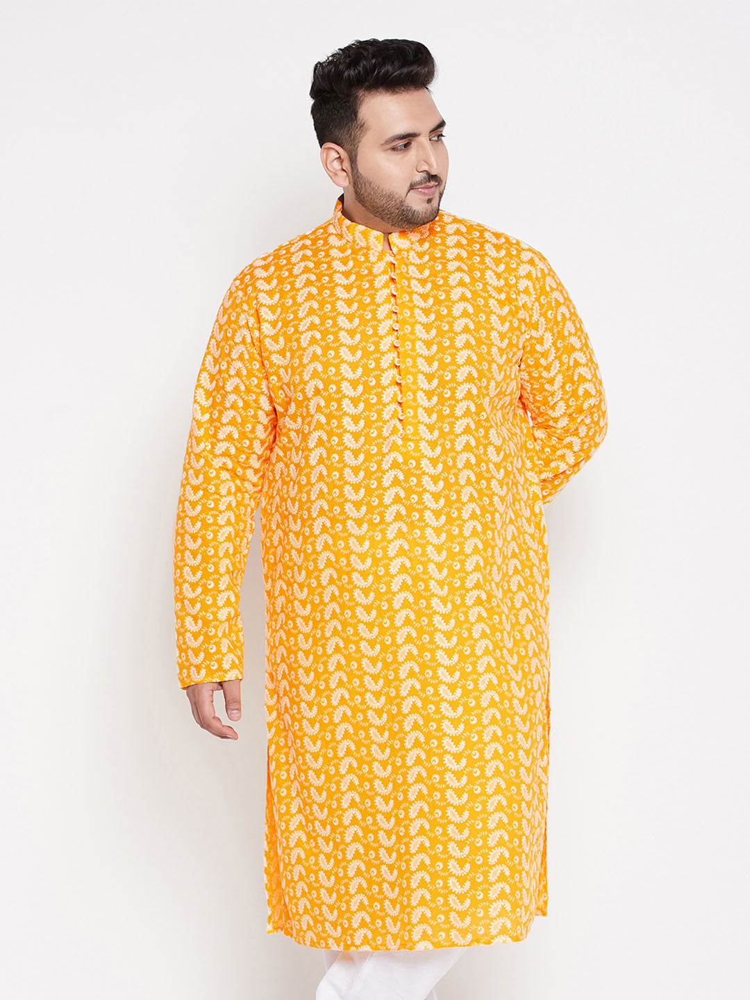 Men's Plus Size Orange Chikankari Embroidered Kurta