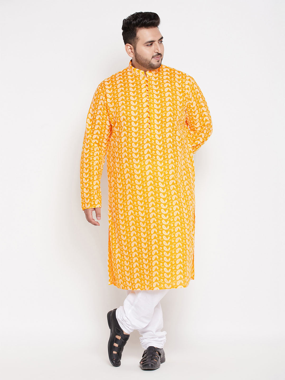 Men's Plus Size Orange Chikankari Embroidered Kurta