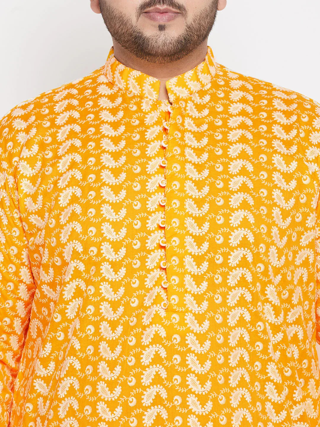 Men's Plus Size Orange Chikankari Embroidered Kurta And White Dhoti Set