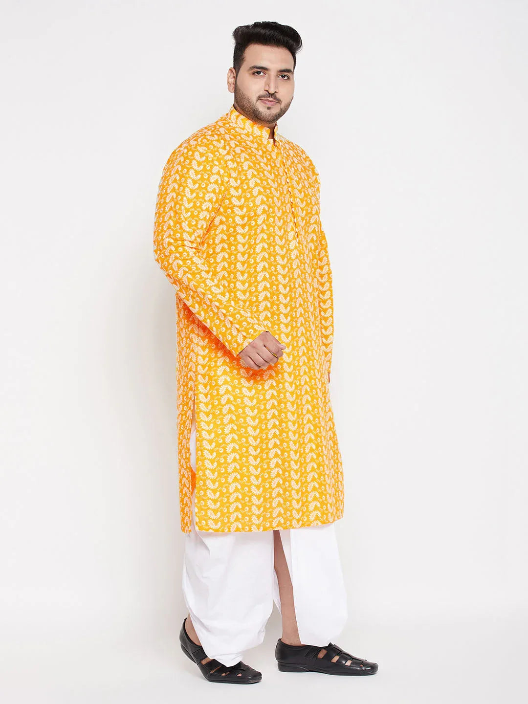 Men's Plus Size Orange Chikankari Embroidered Kurta And White Dhoti Set