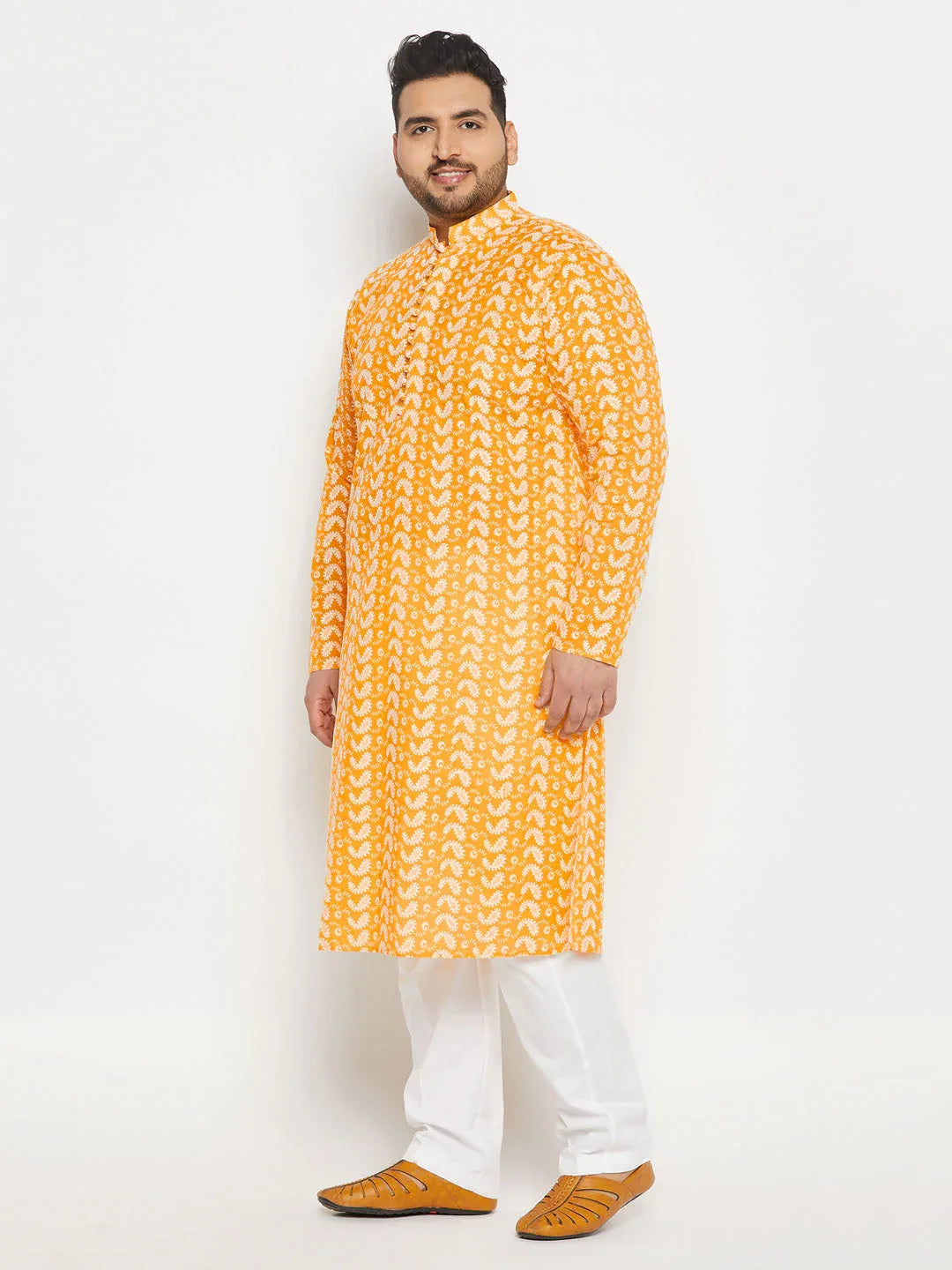 Men's Plus Size Orange Chikankari Embroidered Kurta And White Cotton Pant Style Pyjama Set