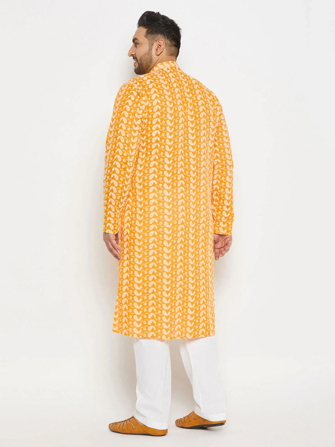 Men's Plus Size Orange Chikankari Embroidered Kurta And White Cotton Pant Style Pyjama Set