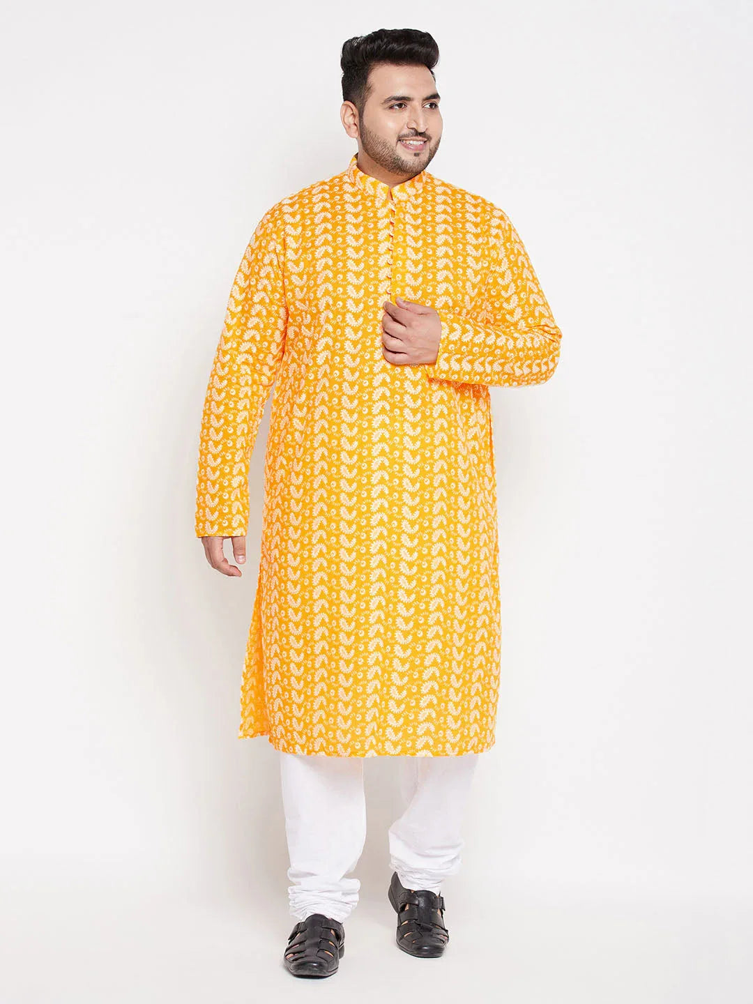 Men's Plus Size Orange Chikankari Embroidered Kurta And White Pyjama Set