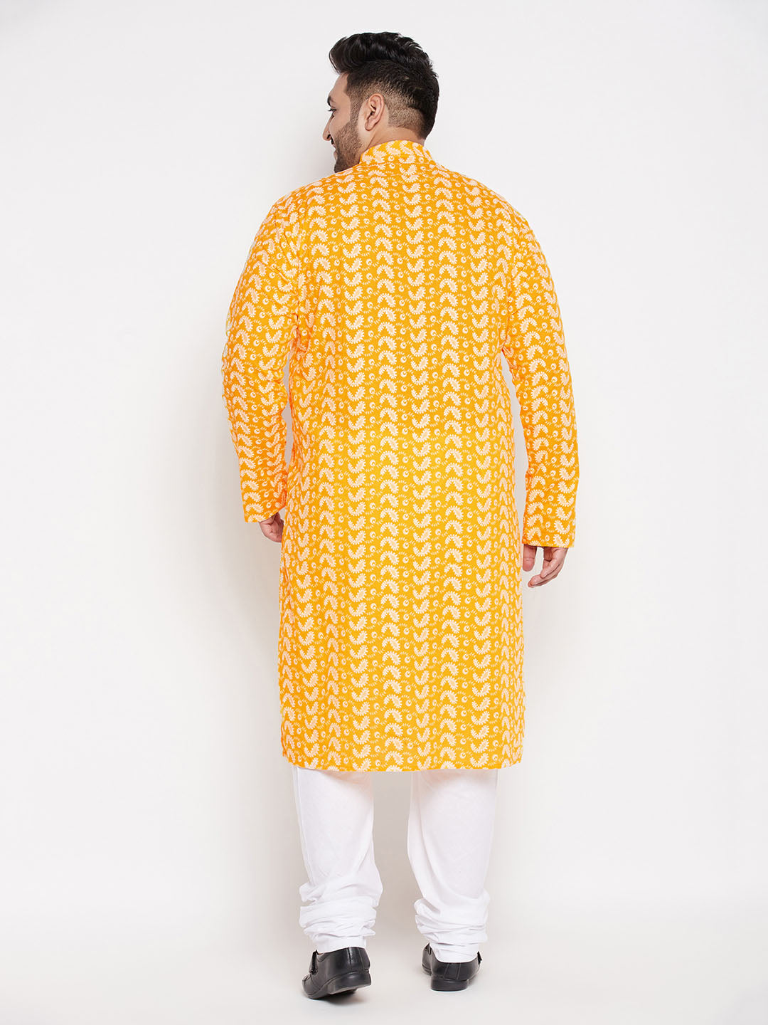 Men's Plus Size Orange Chikankari Embroidered Kurta And White Pyjama Set