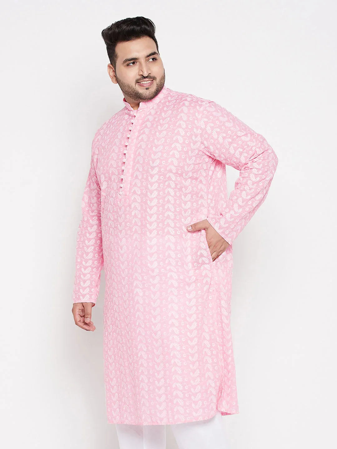 Men's Plus Size Pink Chikankari Embroidered Kurta