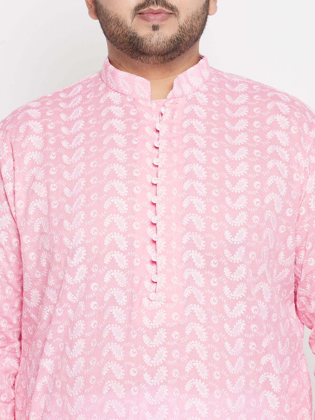 Men's Plus Size Pink Chikankari Embroidered Kurta