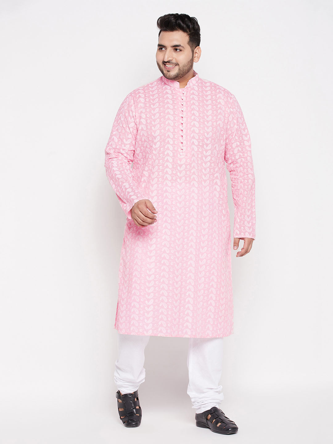 Men's Plus Size Pink Chikankari Embroidered Kurta