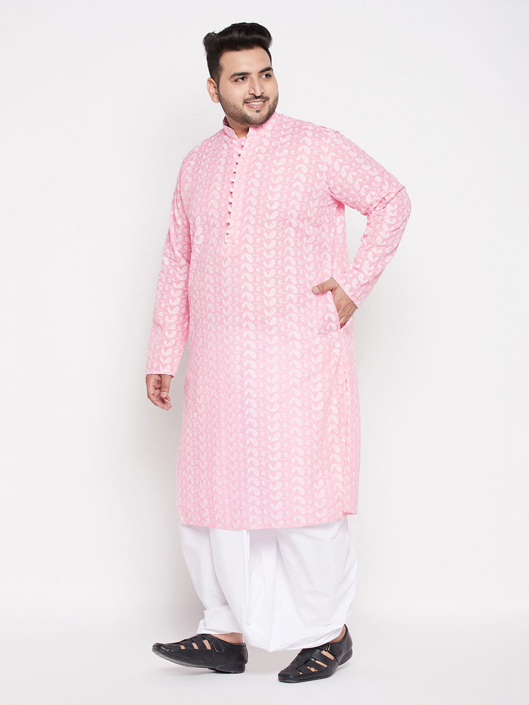Men's Plus Size Pink Chikankari Embroidered Kurta And White Dhoti Set