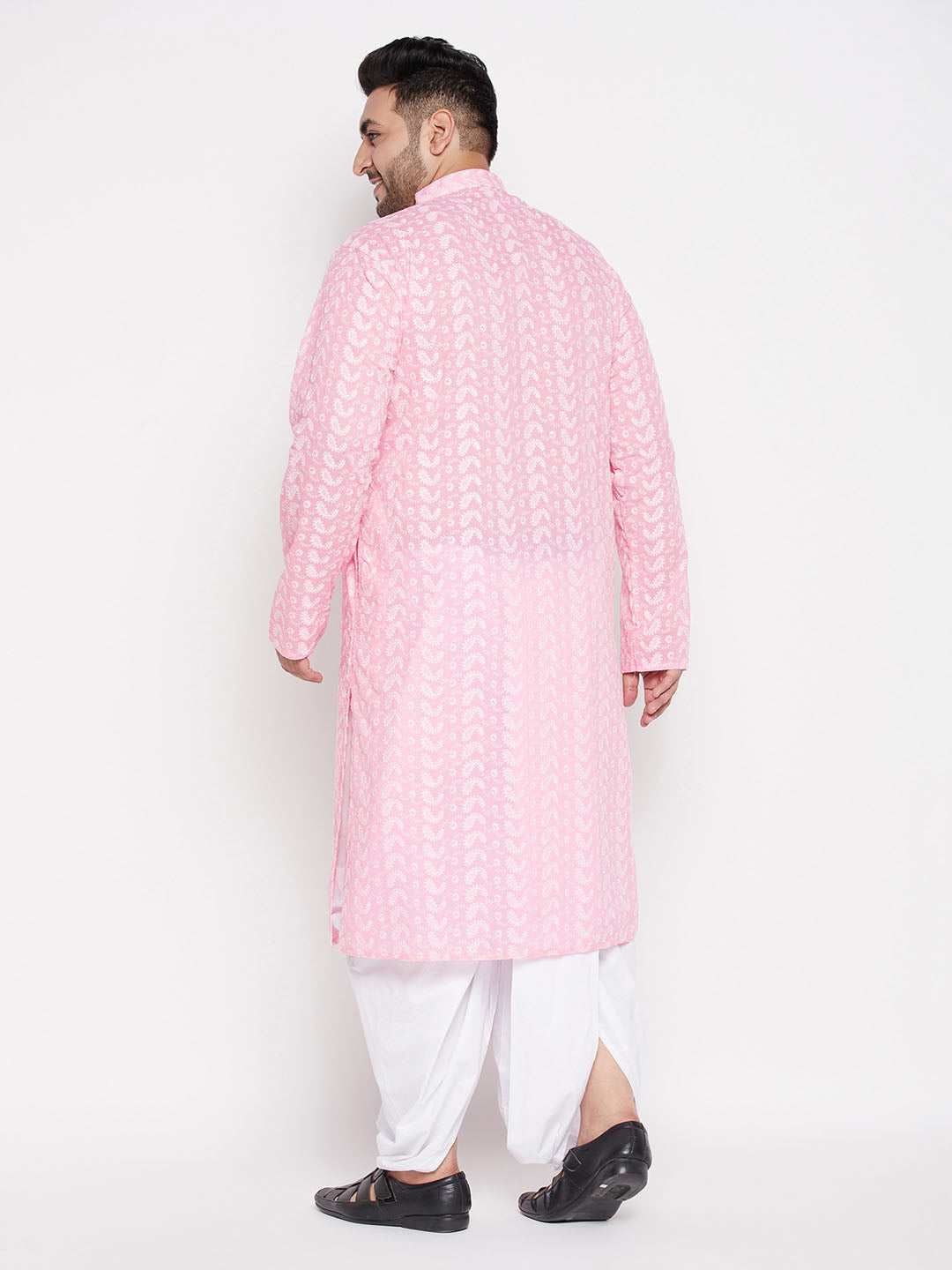 Men's Plus Size Pink Chikankari Embroidered Kurta And White Dhoti Set