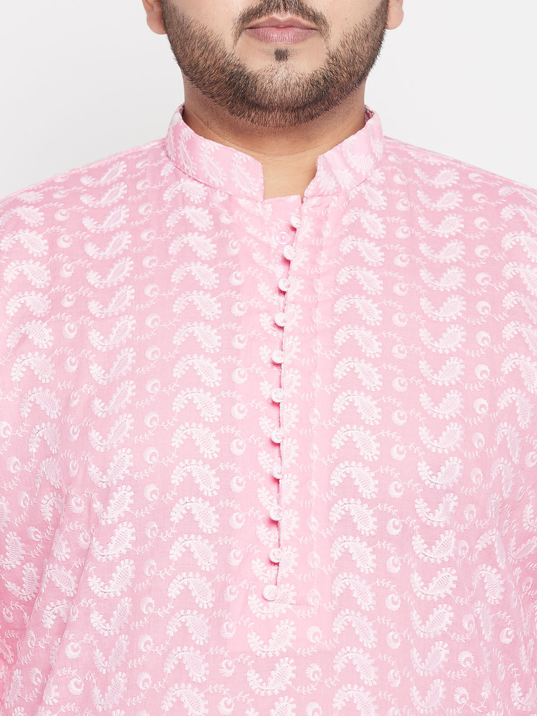 Men's Plus Size Pink Chikankari Embroidered Kurta And White Dhoti Set