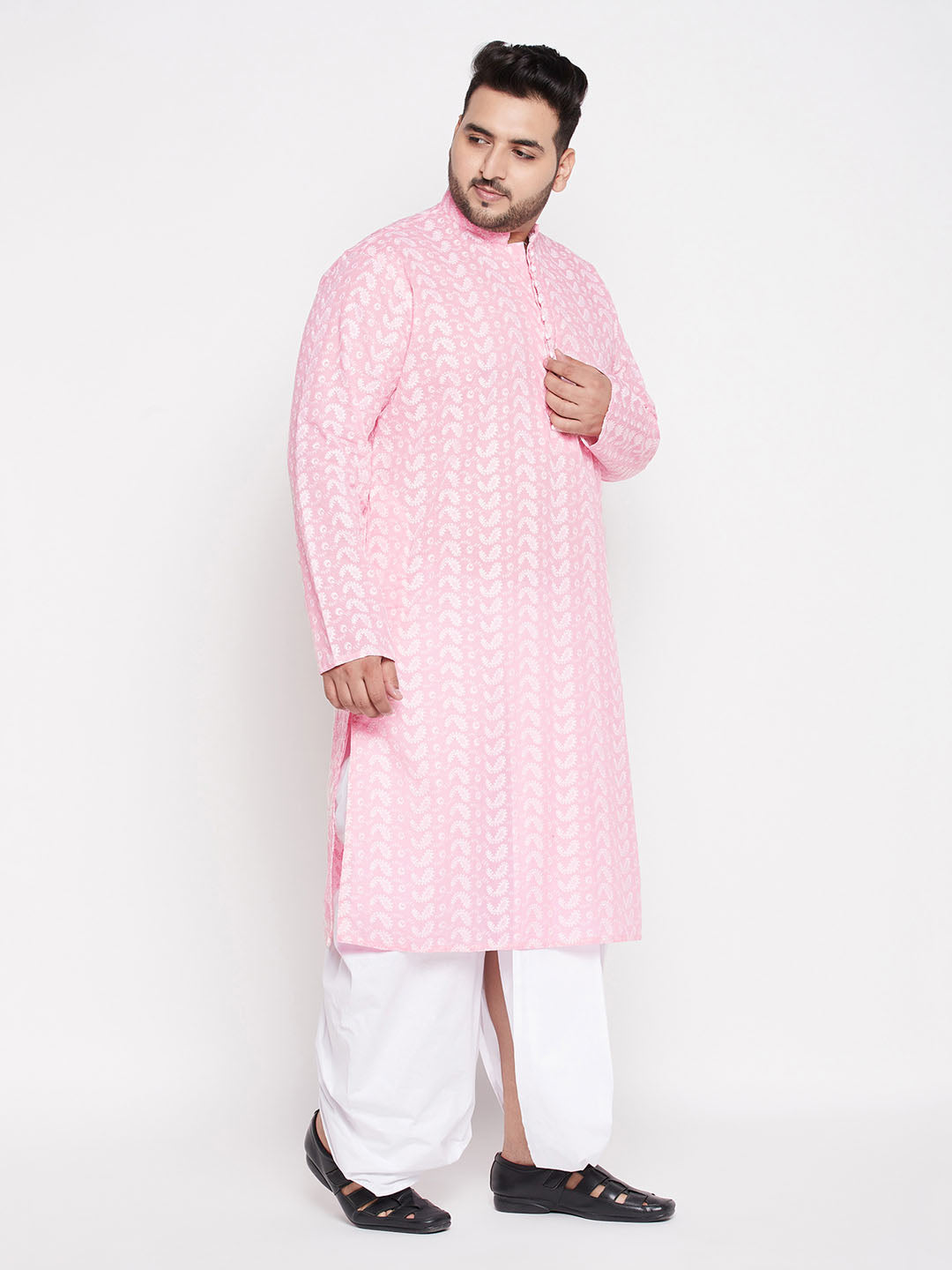 Men's Plus Size Pink Chikankari Embroidered Kurta And White Dhoti Set