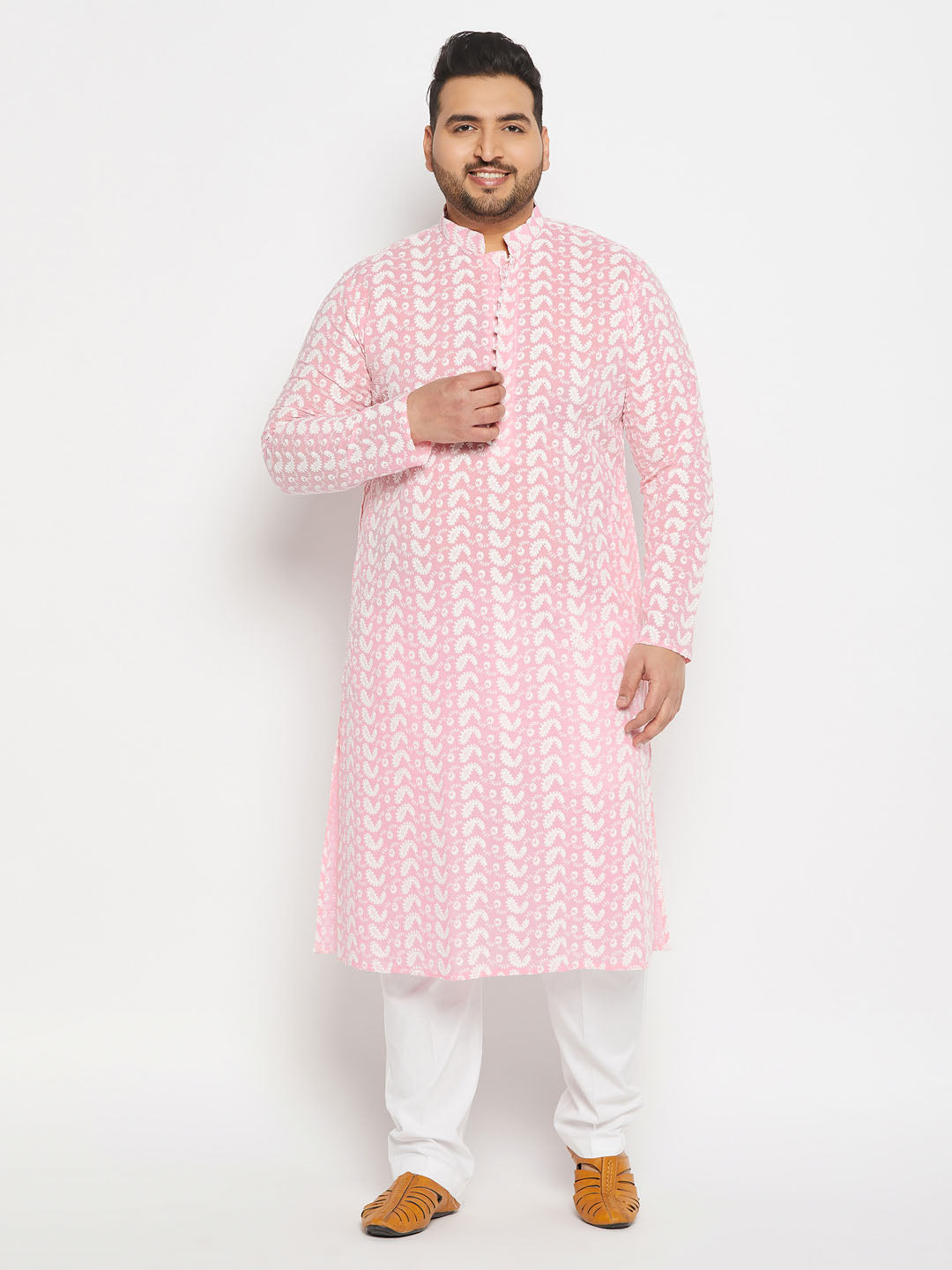 Men's Plus Size Pink Chikankari Embroidered Kurta And White Cotton Pant Style Pyjama Set