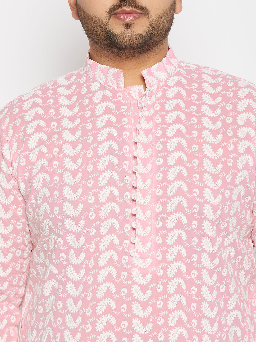 Men's Plus Size Pink Chikankari Embroidered Kurta And White Cotton Pant Style Pyjama Set